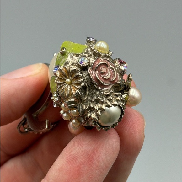 Chanel Silver-Tone CC Pearl Drop Necklace with Floral Gem Detail - Picture 8 of 8